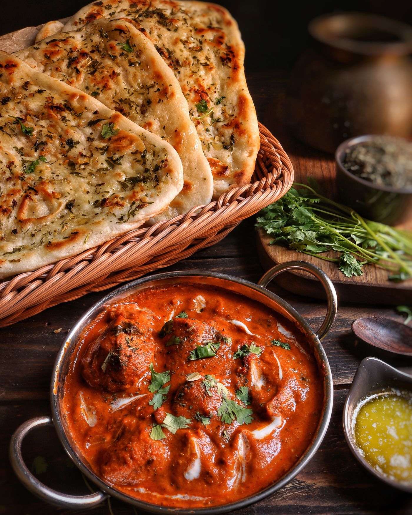 Butter chicken with fresh garlic naan
